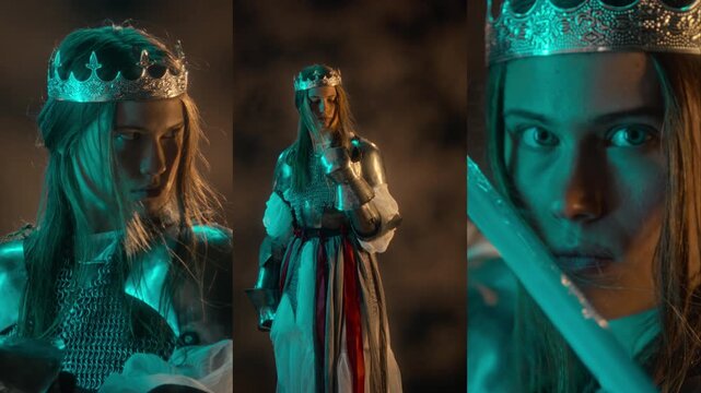 Portrait of young Caucasian woman warrior wearing crown and armor in split screen display. Ideal for fantasy film trailers, video game teasers and historical drama advertising