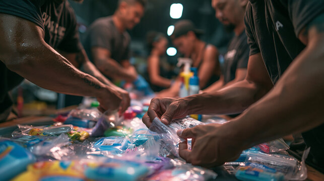 Volunteers Packing Humanitarian Aid Care Packages at Donation Center