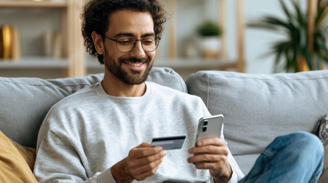 online shopping, credit card, smartphone, online payment, e-commerce, mobile banking, digital payment, online banking, man holding card, man using phone, sitting on sofa, home shopping, contactless pa