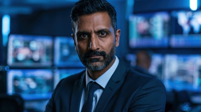 Serious Indian IT director in formal suit standing in a high-tech control room or cybersecurity network operations center.