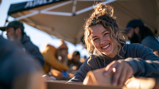 Smiling Young Woman Volunteering and Packing Donation Boxes Outdoors