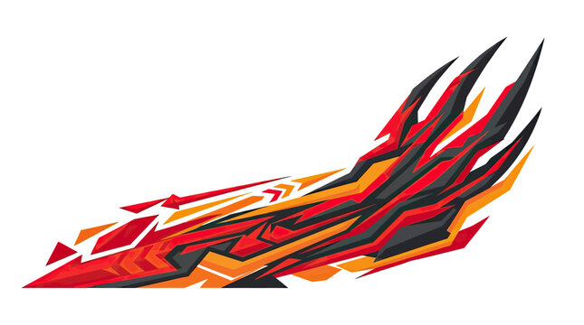 Dynamic abstract racing stripe graphic design with sharp geometric shapes in red, orange, and black, perfect for car decals or sporty backgrounds.