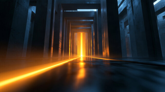 Futuristic Corridor with Glowing Light Leading to Portal