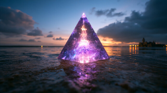 Glowing Crystal Pyramid with Cosmic Energy on Beach at Sunset