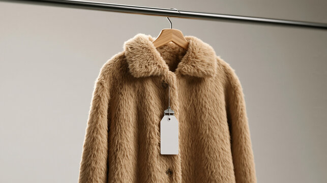Faux Fur Coat with Blank Tag on Clothes Rack
