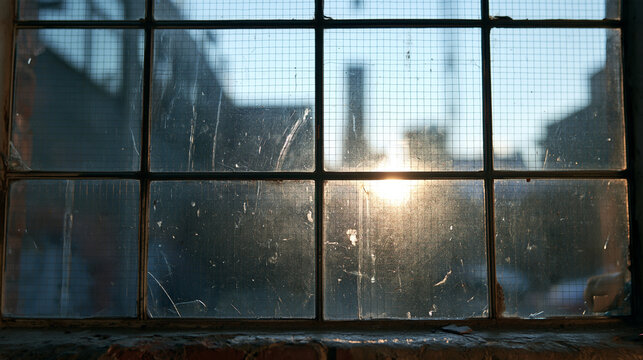 Sunlight Shining Through Dirty Industrial Window Pane
