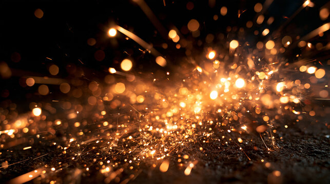 Bright Golden Sparks Flying on Dark Ground with Bokeh