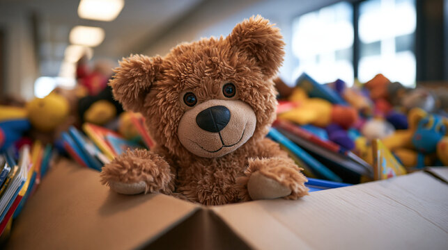 Teddy Bear in Cardboard Box for Toy Donation