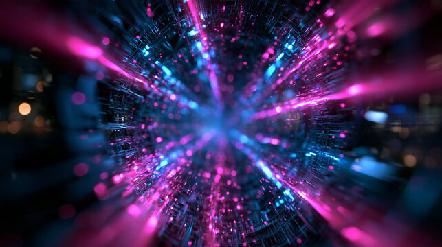 Futuristic Neon Data Tunnel with Glowing Light Beams
