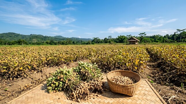 Freshly harvested peanuts on a mat in a sunny agricultural field