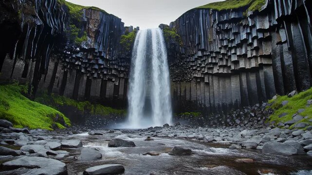 Majestic Iceland waterfall cascading down basalt columns with lush green moss during daylight cinematic motion