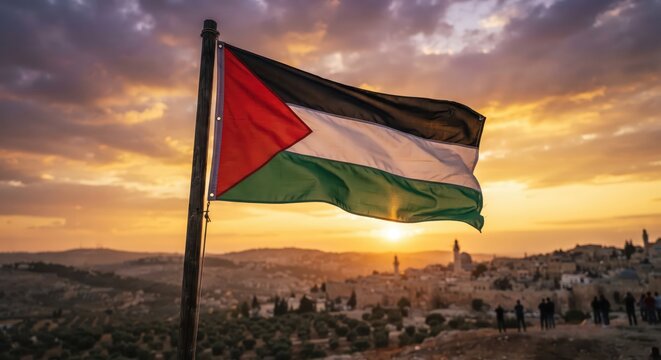The flag of palestine waving on a flagpole against a dramatic sunset sky over a landscape with olive trees and historic stone buildings in the distance near jerusalem