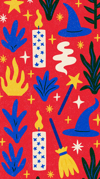 Colorful witch-themed pattern with candles and whimsical decorations.