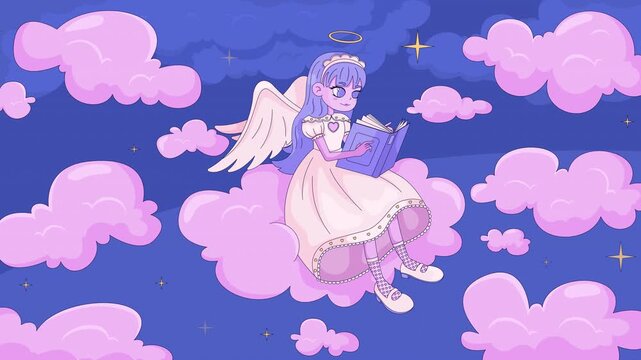 Yume kawaii angel girl reading on dreamy pink clouds lofi aesthetic animation. Japanese cute angelcore. Whimsical night sky fairy kei anime scene animated background. Flat cartoon live wallpaper