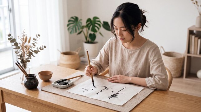 Serene young Asian woman practicing traditional ink calligraphy in a bright minimalist room, focusing on peaceful artistic leisure at home.