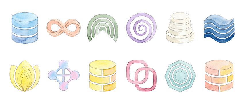 Watercolor technology icons data storage server infinity symbol set isolated on black background for tech logo design modern visual identity pastel geometric infographic elements graphics collection