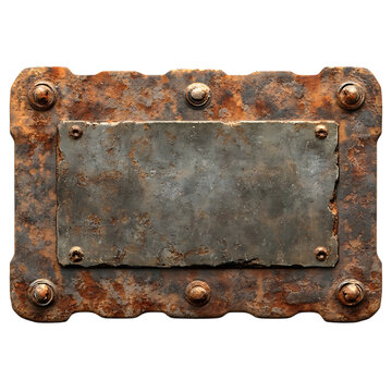Rusty metal plaque with rivets distressed industrial sign for grunge design or vintage labels isolated on whit