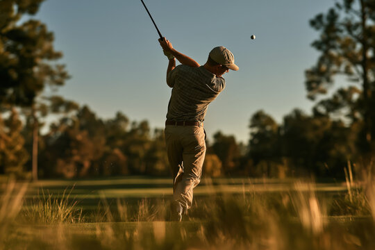 Golfer Hitting Ball on Autumn Fairway