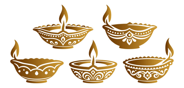 Vector silhouette illustration of five golden Diwali diyas with various ornamental designs, set against a transparent background.