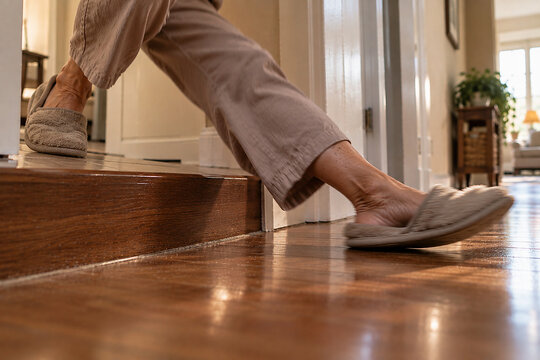 Slipper skidding off a raised door threshold in a home hallway