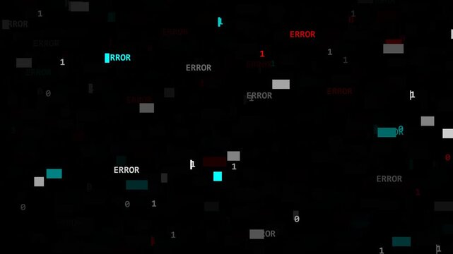 Text glitch box animation with digital distortion, binary characters, and error boxes