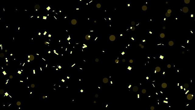 Golden confetti and metallic sequins falling with sparkles on black background loop