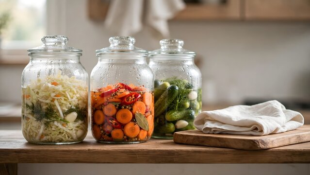 Three glass jars filled with fermented vegetables and pickles on a rustic wooden kitchen counter