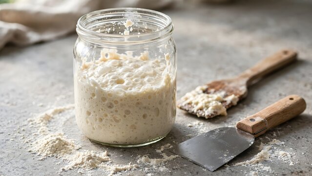Homemade sourdough starter mixture in glass jar with wooden spoon on rustic wooden surface