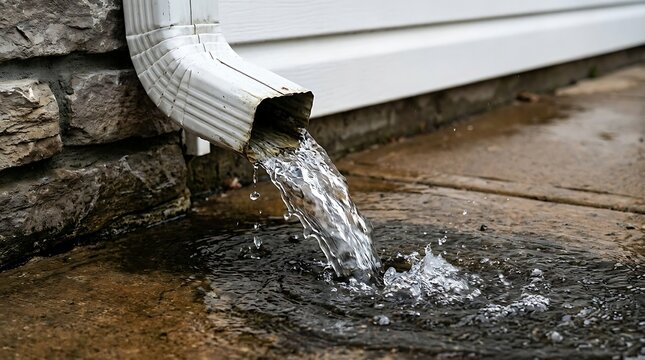 Water flowing rapidly from a white plastic downspout onto a concrete patio, creating a splash and a small puddle near a stone wall foundation