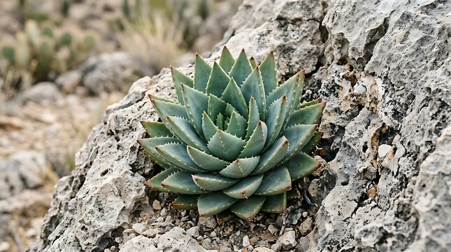 A close-up shot of an aloe brevifolia succulent plant growing in a rocky desert landscape in natural daylight conditions