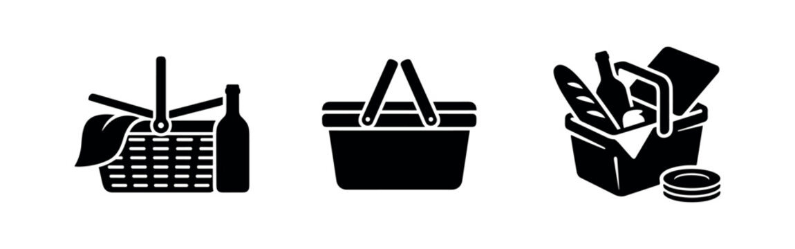Set of picnic basket icons. Outdoor meal and leisure activity symbols.