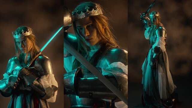 Portrait of young Caucasian woman in knight armor holding sword shown in split screen composition. Footage ideal for fantasy film trailers, video game promotion, or theatrical storytelling