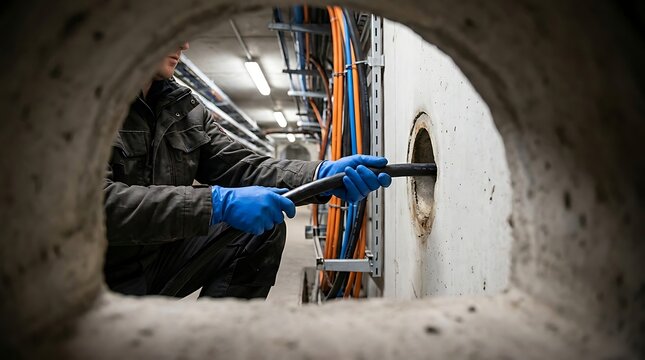 Technician in protective gear inserting a thick black cable into a concrete wall opening inside a dark industrial utility tunnel with conduits