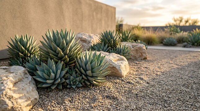 Aloe brevifolia succulent plants in a xeriscape desert garden landscape with decorative stones during sunset hour