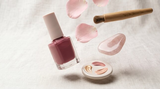 Floating nail polish bottle with makeup brush and delicate pink petals over soft draped fabric.