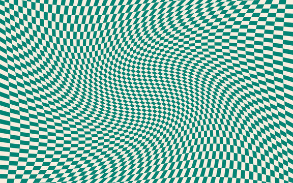Distorted checkered green background. Twisted and distorted vector texture in trendy retro psychedelic style