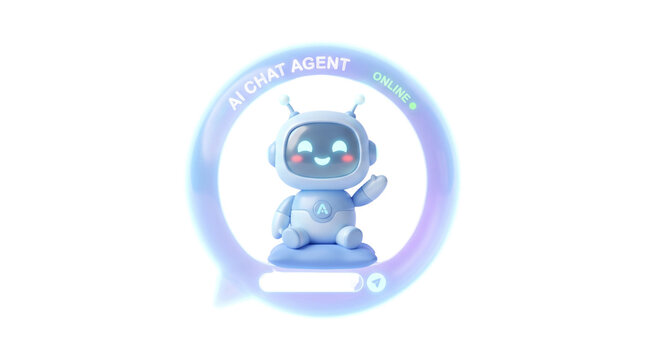 AI chat agent online icon, cute 3D robot character in blue bubble, friendly virtual assistant for customer support and help desk