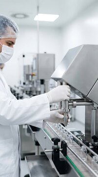 Scientist in a white lab coat and face mask operating a pharmaceutical filling machine for glass vials on a production line in a lab