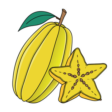Fresh Yellow Starfruit Carambola Whole and Star Shaped Cross Section Slice