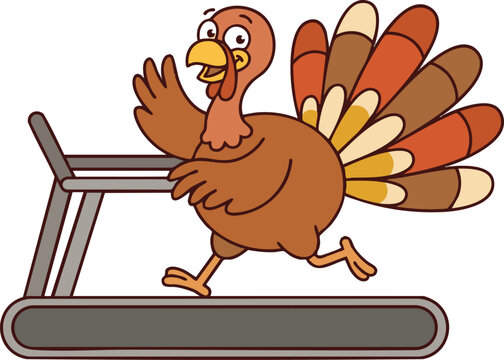 Funny cartoon turkey running on a treadmill to get in shape for the thanksgiving holiday season