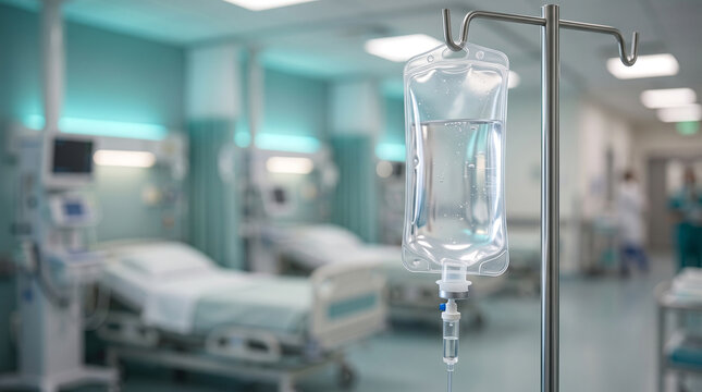 Clear intravenous drip bag hangs on steel stand inside bright hospital ward room.