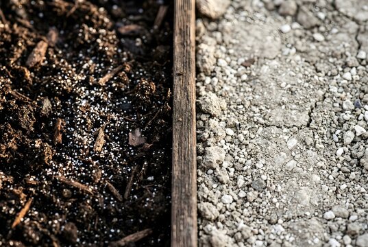 Macro Comparison of Acidic Dark Compost Soil versus Alkaline Limestone Chalky Soil Divided by Wooden Border