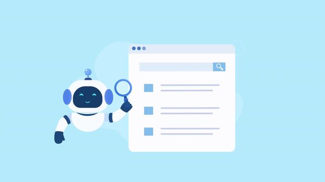 Animated video showing a friendly AI robot beside a digital checklist interface, representing task management, automation, data organization, and smart technology on a soft blue background.