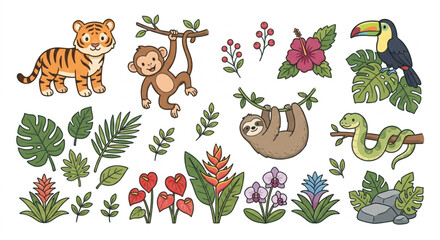Obraz premium Cute Jungle Animals and Tropical Plants Vector Set