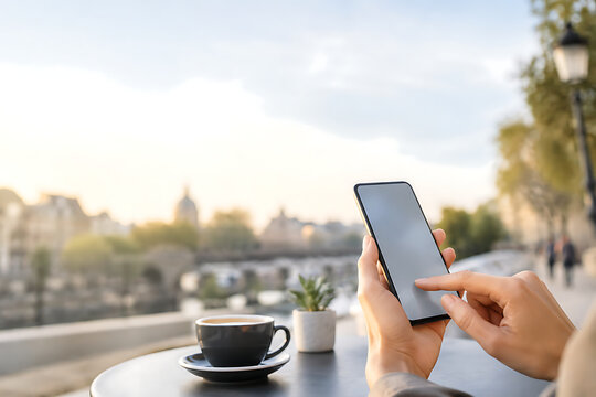 Woman using smartphone at cafe with city view. Ai-generated