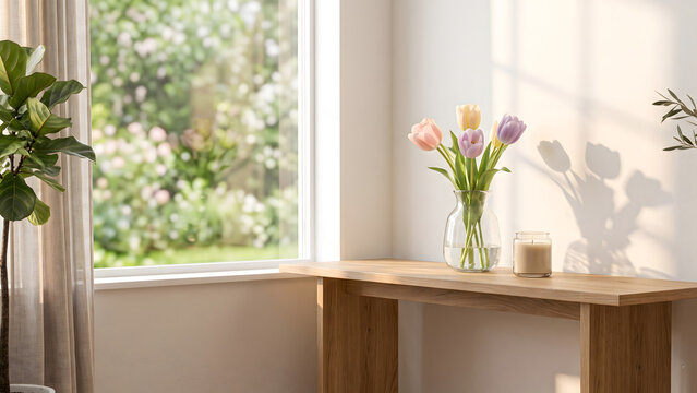 Sunlit window desk with tulips in a calm minimalist interior