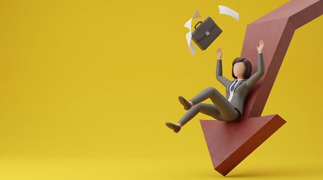 Businesswoman character sliding down a large red downward arrow representing financial loss on a yellow background.