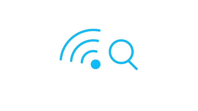 Animated wi-fi symbol with search magnifying glass icon on white background motion graphic.