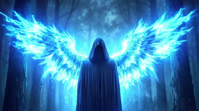 Mystical hooded figure with glowing blue fire wings standing in dark forest. Supernatural entity in foggy woodland. Lockdown medium shot.