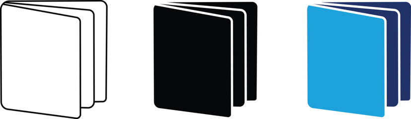 Fototapeta premium Booklet and magazine icon set with minimal outline, solid, and duotone illustrations for publishing, education, and digital library UI.